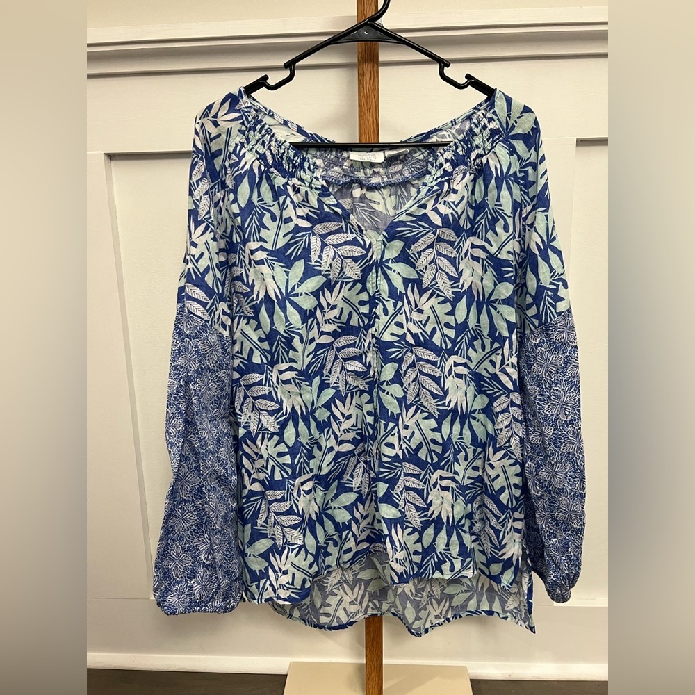Sigrid Olsen Blue and White Relaxed 100% Linen Blouse sz Large